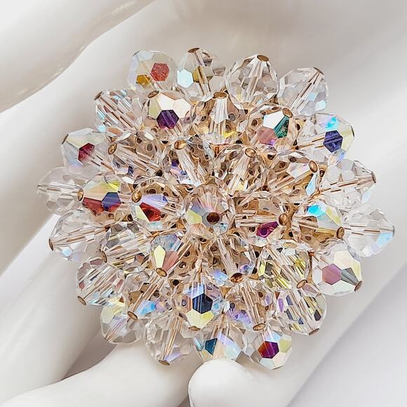 Vintage Crystal Aurora Borealis Clear Beaded 1960s Brooch - Picture 2 of 10